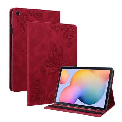 Funda de cuero PU resistente a impactos con diseño de mariposa y flor estampada, con soporte y ranuras para tarjetas, para Samsung Galaxy Tab S6 Lite (2020) / (2022) / (2024) - Rojo