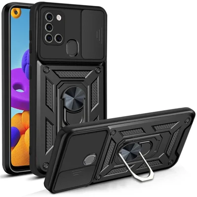 Kickstand PC + TPU Anti-fingerprint Durable Slide Camera Cover Phone Case for Samsung Galaxy A21s - Black