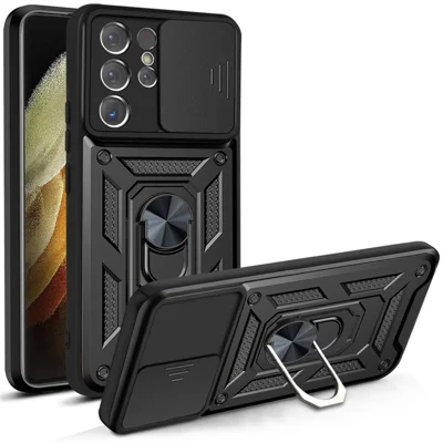 Slide Camera Cover PC + TPU Shockproof Scratch-Resistant Kickstand Phone Case for Samsung Galaxy S21 Ultra 5G - Black