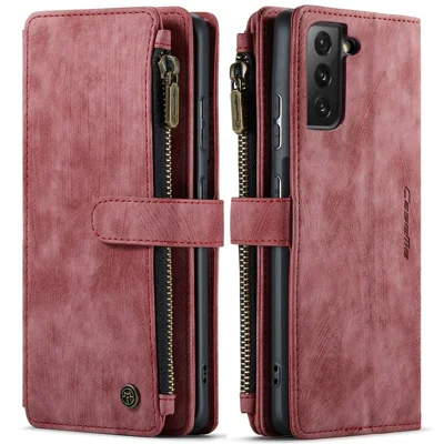 For Samsung Galaxy S21 4G / 5G Phone Cases with Strap CASEME C30 Zipper Multiple Card Holder PU Leather Cover - Red