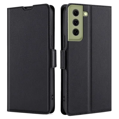 Side Magnetic Closure Ultra-thin Leather Phone Case with Stand and Card Slot for Samsung Galaxy S21 FE 5G - Black