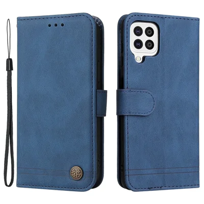For Samsung Galaxy A22 4G (EU) / M22 Leather Wallet Cases Skin Touch Phone Cover Stand with Strap - Blue
