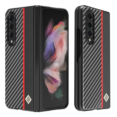 LC.IMEEKE Carbon Fiber Texture Splicing PU Leather Coated Folding Phone Case Shell for Samsung Galaxy Z Fold3 5G - Black