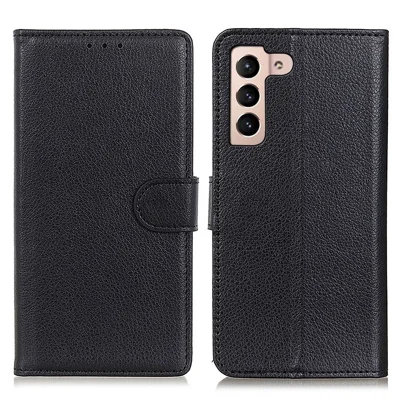 Funda tipo cartera de piel de textura de lichis con tapa abatible y soporte horizontal para Samsung Galaxy S22 5G - Negro 