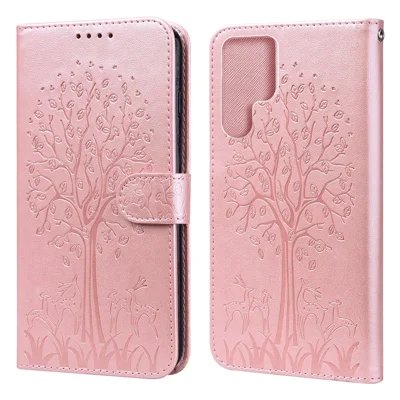 Stand Function Deer and Tree Imprinted PU Leather Wallet Magnetic Shockproof Case for Samsung Galaxy S22 Ultra 5G - Pink