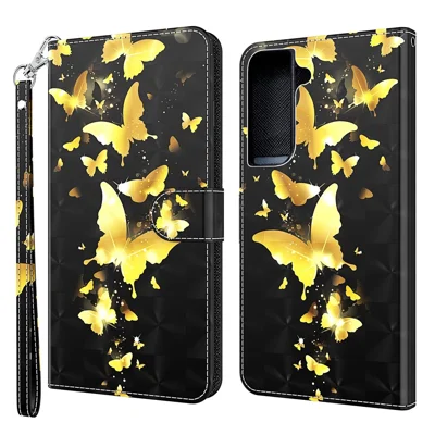 3D Pattern Printing Premium PU Leather Folio Flip Stand Wallet Phone Case with Wrist Strap for Samsung Galaxy S22 5G - Golden Butterflies