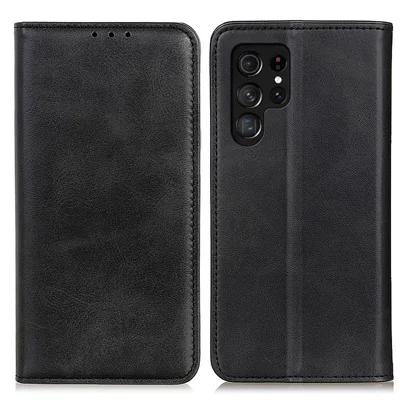 Split Leather Wallet Stand Design Magnetic Auto Closing Phone Case Cover for Samsung Galaxy S22 Ultra 5G - Black
