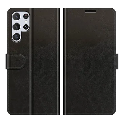 Retrodesign läderfodral med galopperande häststruktur och stötskydd, magnetiskt plånboksfodral med ställfunktion till Samsung Galaxy S22 Ultra 5G – Svart