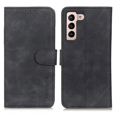 KHAZNEH Retro Texture Full Protection Leather Stand Wallet Cover Phone Case for Samsung Galaxy S22 5G - Black