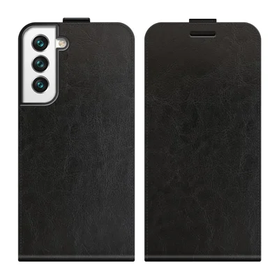 Crazy Horse Texture Magnetic Clasp Leather Well-Protected Vertical Flip Phone Cover Card Slot Case for Samsung Galaxy S22 5G - Black
