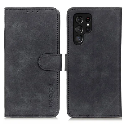 KHAZNEH Vintage Style PU Leather Foldable Stand Phone Cover Protector with Wallet for Samsung Galaxy S22 Ultra 5G - Black