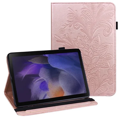 For Samsung Galaxy Tab A8 10.5 2021 Stylish Imprinting Flower Auto Wake/Sleep Stand Tablet Cover Leather Case with Card Holder - Rose Gold