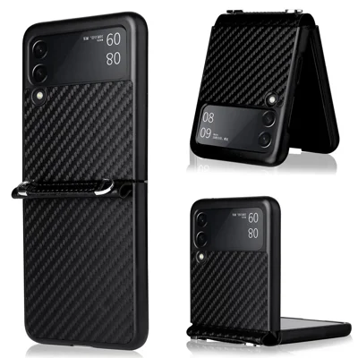 Carbon Fiber Texture One-piece Design PU Leather Coated PC Phone Case with Lanyard for Samsung Galaxy Z Flip3 5G - Black