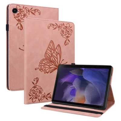 PU Leather Stand Butterfly Flower Imprinted Premium Flip Protective Case with Card Slots and Elastic Band for Samsung Galaxy Tab A8 10.5'' 2021 - Pink