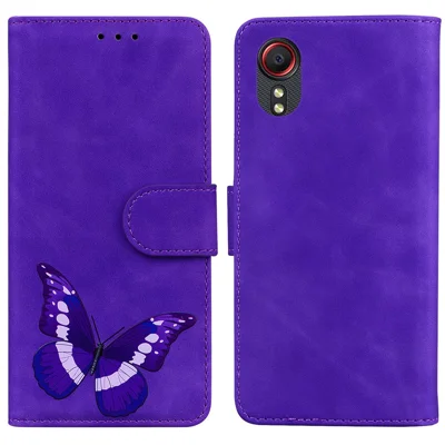 Skin-touch PU Leather Stylish Big Butterfly Printing Design Phone Case Stand Wallet Flip Phone Cover for Samsung Galaxy Xcover 5 - Purple