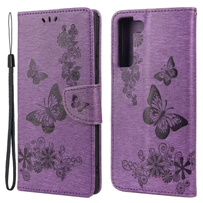 Wallet Stand Leather Cover Case with Imprinting Butterfly Flower for Samsung Galaxy S22+ 5G - Purple