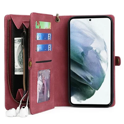 MEGSHI 017 Series Handy Strap Drop-proof Magnetic Absorption Multi-function Zippered Wallet Detachable Leather Cover for Samsung Galaxy S21 FE 5G/S21 Fan Edition - Red