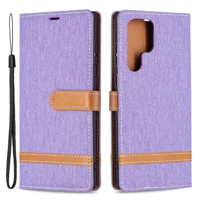 For Samsung Galaxy S22 Ultra 5G Fashionable Color Splicing Jeans Cloth Magnetic Clasp Anti-Drop Stand PU Leather Wallet Leather Phone Case - Purple