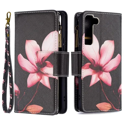BF03 Pattern Printing Stand Design Zipper Pocket Leather Case Stand Phone Cover with Hand Strap for Samsung Galaxy S22 5G - Lotus
