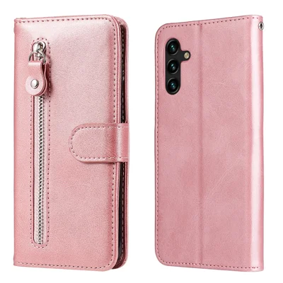 Folio Flip PU-Leder-Handyhülle mit Reißverschlussfach Brieftasche Einfarbig Ständerhülle für Samsung Galaxy A13 5G / A04s 4G (164,7 mm) – Roségold