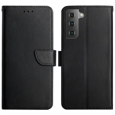 Solid Color Nappa Texture Case Wallet Genuine Leather Drop-proof Phone Shell Case with Stand for Samsung Galaxy S22+ 5G - Black