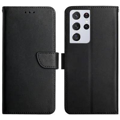 Solid Color Nappa Texture Protective Case Magnetic Closure Wallet Folio Flip Genuine Leather Phone Cover with Stand for Samsung Galaxy S21 Ultra 5G - Black