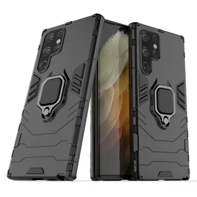 Hybrid Hard PC Soft TPU Drop Protection Cover with Metal Ring Holder Kickstand for Samsung Galaxy S22 Ultra 5G - Black