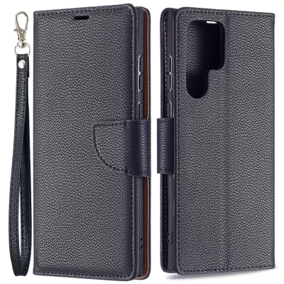 Litchi Texture Solid Color PU Leather Wallet Stand Case Protective Phone Shell with Wrist Strap for Samsung Galaxy S22 Ultra 5G - Black