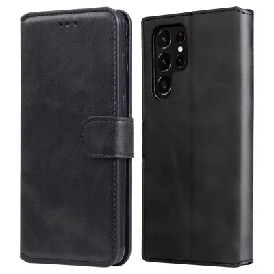 Wallet Stand PU Leather + TPU Full Protection Magnetic Clasp Phone Cover Case for Samsung Galaxy S22 Ultra 5G - Black