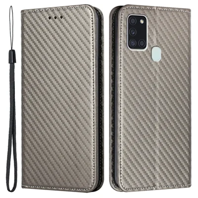 Anti-shock Phone Flip Cover Carbon Fiber Texture Stand Wallet Design Auto-absorbed PU Leather+TPU Phone Case for Samsung Galaxy A21s - Grey