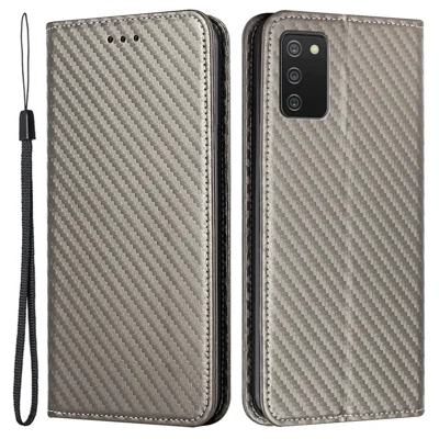 PU Leather Phone Case Koolstofvezelstructuur Stand Wallet Shell voor Samsung Galaxy A03s (166,5 mm) - Grijs