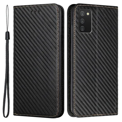 Flipdesign automatisch aantrekkend hoesje van PU-leer met carbonvezelstructuur met standaard en portemonnee met handgreep voor Samsung Galaxy A03s (164,2 mm) - Zwart