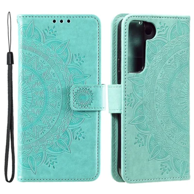 Imprinting Mandala Flower PU Leather + TPU Shockproof Phone Case with Wallet Stand for Samsung Galaxy S22+ 5G - Green