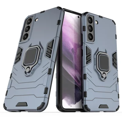 Ring Holder Kickstand Soft TPU Hard PC Scratch-Resistant Protective Back Cover for Samsung Galaxy S22 5G - Dark Blue