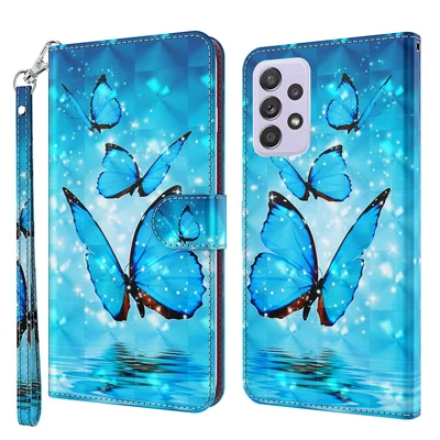 3D Pattern Printing PU Leather Wallet Case Stand Feature Flip Folio Cover with Strap for Samsung Galaxy A53 5G - Blue Butterflies