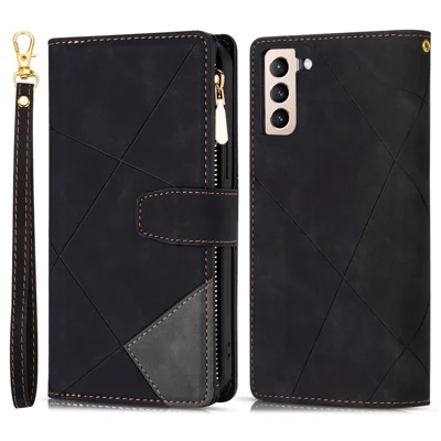 Zipper Pocket Color Splicing Lines Design Case Well-protected PU Leather Wallet Stand Phone Cover for Samsung Galaxy S22 5G - Black