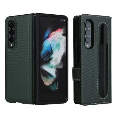 Stand Wallet PU Leather Cover Pen Slot Design Detachable Leather Coated PC Phone Case for Samsung Galaxy Z Fold3 5G - Green