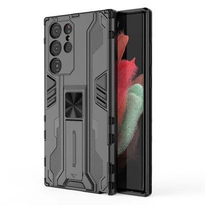 Anti-Fingerprint Hard PC + Soft TPU Shockproof Phone Cover with Kickstand for Samsung Galaxy S22 Ultra 5G - Black