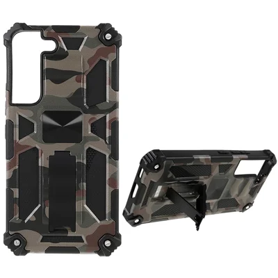 For Samsung Galaxy S22 5G Camouflage Design Kickstand Case Shockproof TPU Hard PC Protective Armor Phone Cover - Army Green