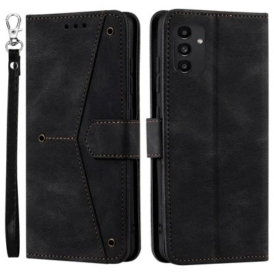 Wrist Strap Protective Cover Splicing PU Leather and TPU Phone Flip Case Stitching Skin-touch Stand Wallet for Samsung Galaxy A13 4G - Black