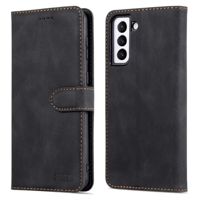 AZNS Stand Wallet PU Leather Cover + TPU Folio Flip Protective Phone Case Cover for Samsung Galaxy S22 5G - Black