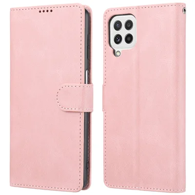Classic Style PU Leather Flip Folio Case Wallet Stand Magnetic Protective Cover with Strap for Samsung Galaxy A22 4G (EU Version) / M32 (Global Version) - Pink
