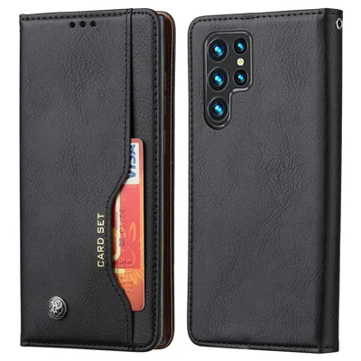 Front Card Slot Design Auto-absorbed Case Well-protected Anti-fall Wallet Leather Phone Cover with Stand for Samsung Galaxy S22 Ultra 5G - Black