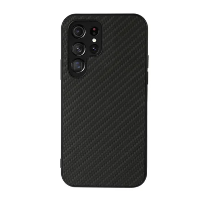 PU Leather Coated PC + TPU Carbon Fiber Texture Shockproof Phone Case Cover for Samsung Galaxy S22 Ultra 5G - Black