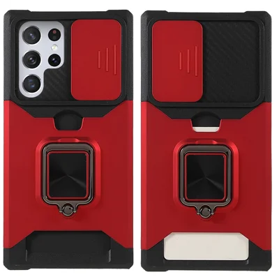 Camera Slider PC + TPU Phone Case Card Holder and Kickstand Design Scratch-resistant Drop-proof Phone Cover for Samsung Galaxy S22 Ultra 5G - Red