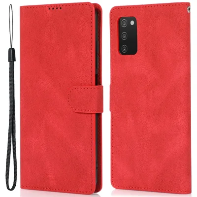 PU Leather + TPU Phone Case Wallet Stand Cover with Strap for Samsung Galaxy A03s (166.5mm) - Red