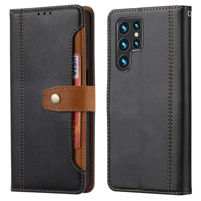 Telefoonhoes TPU+PU Leren Telefoonhoes Anti-vingerafdruk Structuur Zakelijke Stijl Portemonnee Stand Protector voor Samsung Galaxy S22 Ultra 5G - Zwart