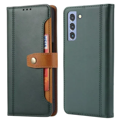 Flip Card Holder Business Style Wallet Stand Leather Phone Case Mobile Phone Covering for Samsung Galaxy S22 5G - Green