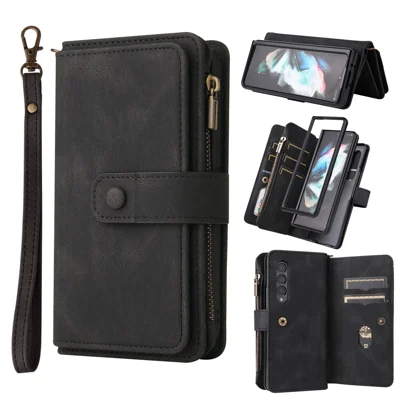 For Samsung Galaxy Z Fold3 5G Zipper Wallet Case with 15 Card Slots and Strap Leather Phone Cover - Black