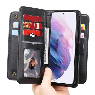For Samsung Galaxy S22 5G Leather Case with 10 Card Holder Phone Cover Stand - Black